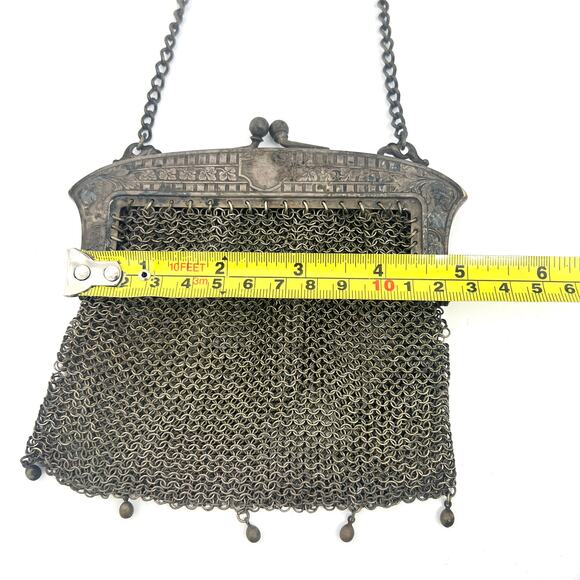 Antique Genuine German Silver Mesh Purse 5" x 5" with 8.5" Strap Drop - Picture 9 of 12
